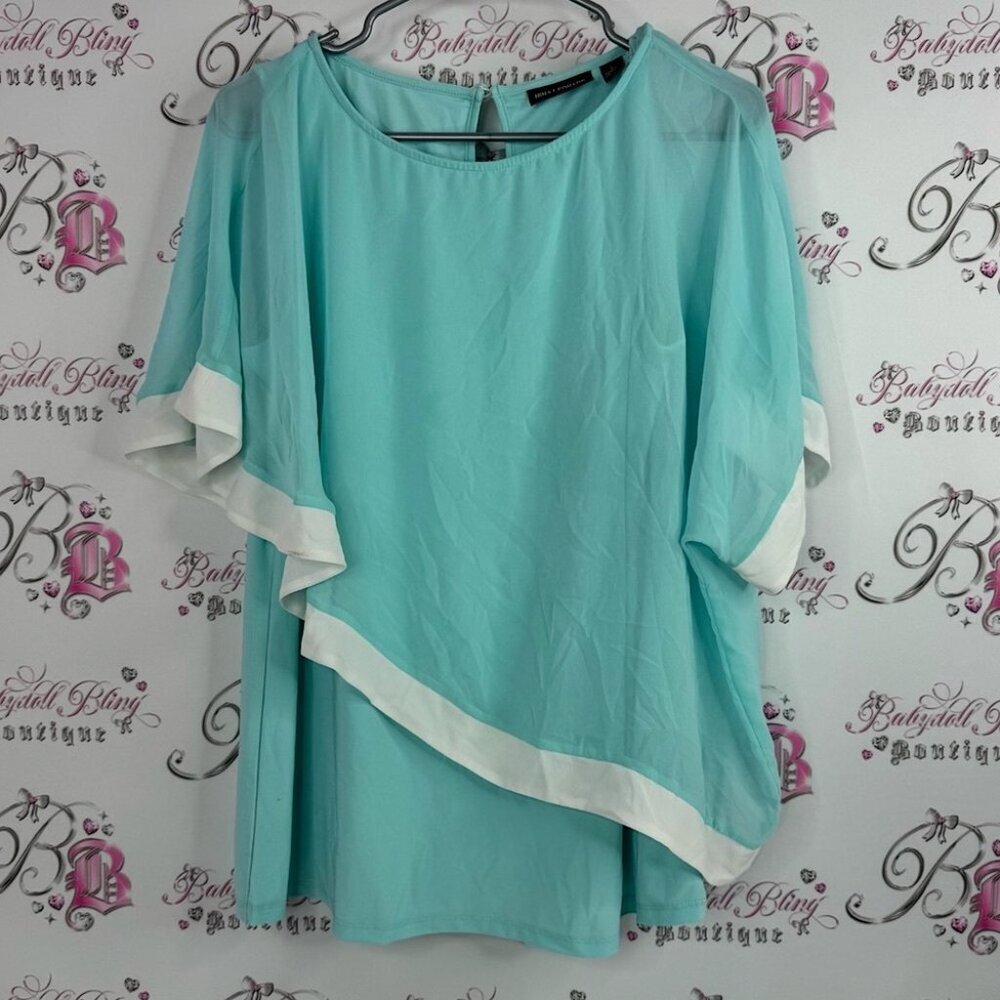 Nina Leonard blouse top flowy flormal blue Teal and White Layered Blouse